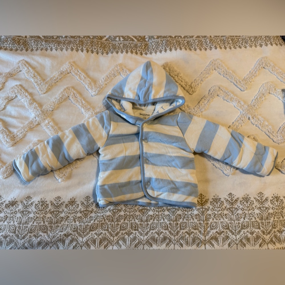 Burt's Bees Hooded Puffer Jacket in Light Blue and Cream Stripes Size 6-9 months
